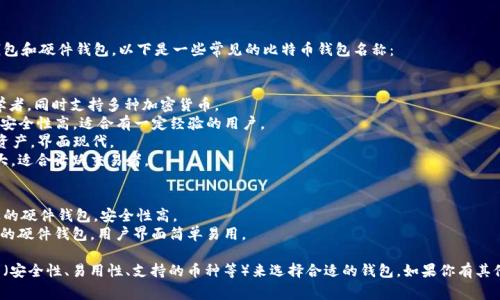 比特币钱包大致可以分为两种类型：软件钱包和硬件钱包。以下是一些常见的比特币钱包名称：

1. **软件钱包**：
   - **Exodus**：用户界面友好，适合初学者，同时支持多种加密货币。
   - **Electrum**：轻量级钱包，速度快，安全性高，适合有一定经验的用户。
   - **Atomic Wallet**：支持多种加密资产，界面现代。
   - **Mycelium**：移动端钱包，功能强大，适合活跃交易者。

2. **硬件钱包**：
   - **Ledger Nano S/X**：非常受欢迎的硬件钱包，安全性高。
   - **Trezor**：同样是一款安全性极高的硬件钱包，用户界面简单易用。

选择比特币钱包时，建议你根据自己的需求（安全性、易用性、支持的币种等）来选择合适的钱包。如果你有其他问题或者想了解更多细节，欢迎随时问我！